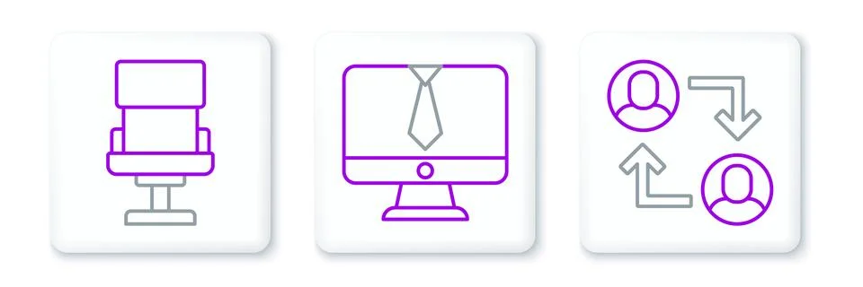 Set line Project team base, Office chair and Video chat conference icon. Vect Stock Illustration