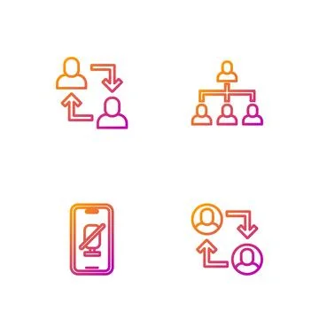 Set line Project team base, Mute microphone on mobile, and Hierarchy organo.. Illustrazione stock