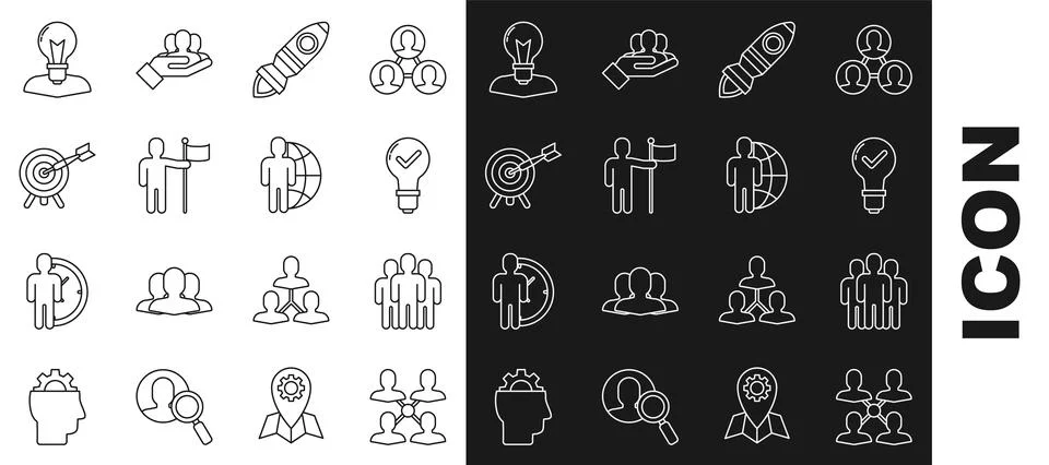 Set line Project team base Users group Light bulb and check mark Rocket ship  Stock Illustration