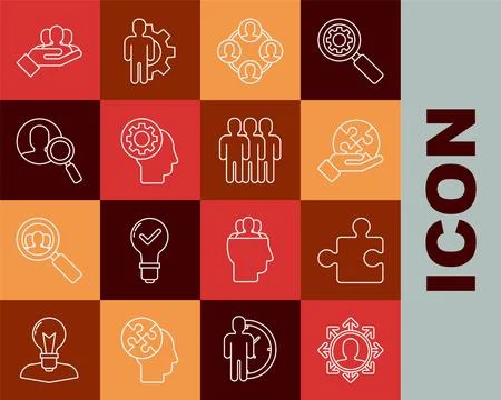 Set line Project team base Piece of puzzle in hand Human head with gear insid Stock Illustration