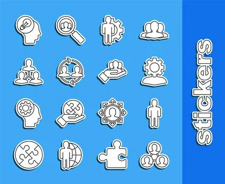 Set line Project team base User of man in business suit Human with gear insid Ilustração Stock