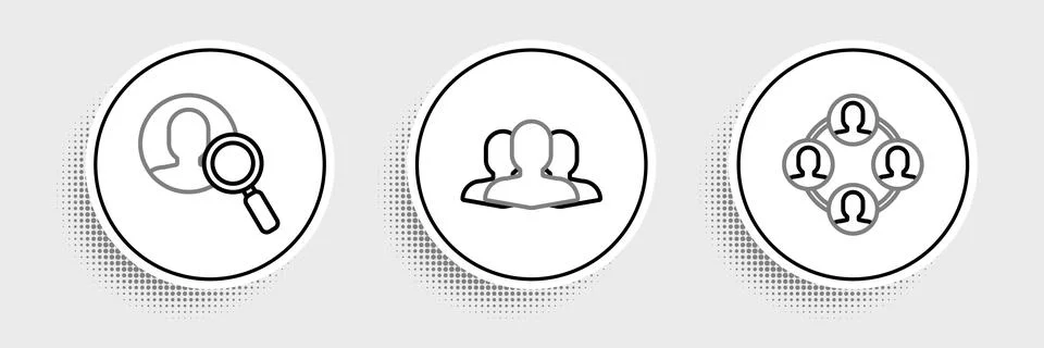 Set line Project team base, Magnifying glass for search people and Users gr.. Stock Illustration