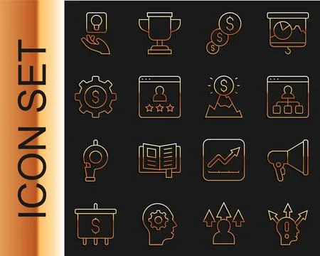 Set line Project team base, Megaphone, Online education, Financial growth a.. Illustrazione stock