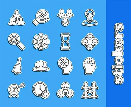 Set line Project team base, Human head puzzles strategy, Gear with dollar s.. Stock Illustration