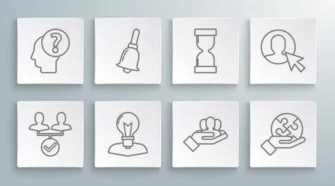 Set line Project team base, Ringing bell, Human head with lamp bulb, Piece .. Stock Illustration