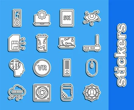 Set line Project team base, Computer mouse, Router and wi-fi signal, Tablet.. Stock Illustration