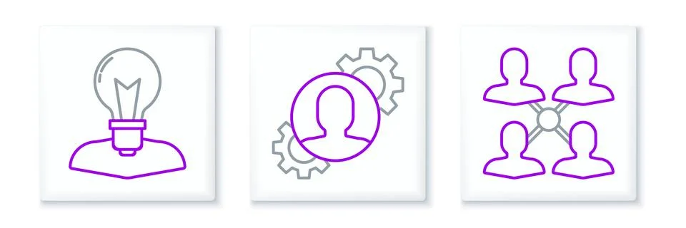 Set line Project team base, Human head with lamp bulb and gear inside icon... Stock Illustration