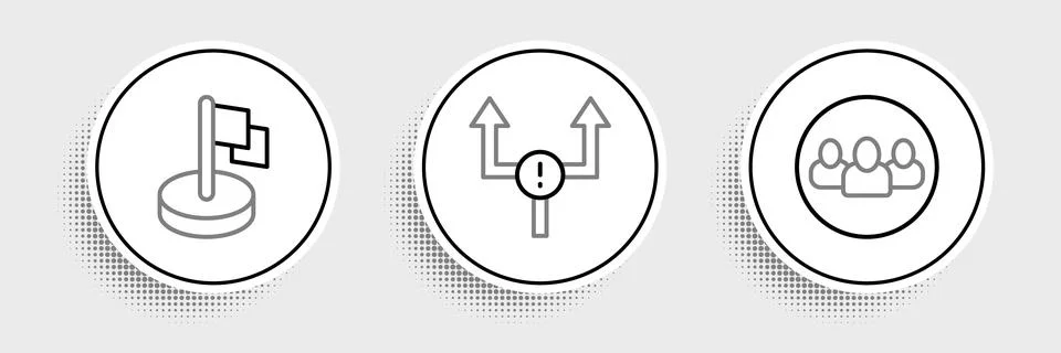 Set line Project team base, Flag and Arrow icon. Vector Stock Illustration