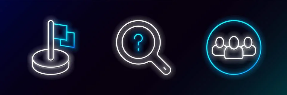 Set line Project team base, Flag and Unknown search icon. Glowing neon. Vecto Stock Illustration