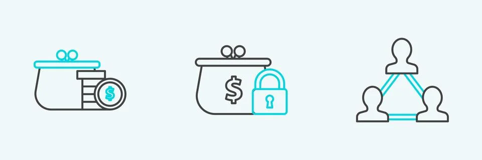 Set line Project team base, Wallet with coins and Closed wallet lock icon. .. Stock Illustration