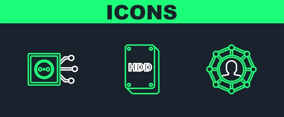 Set line Project team base, Remote control and Hard disk drive HDD icon. Vect Illustrazione stock