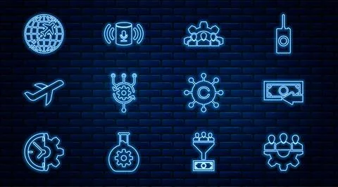 Set line Project team base, Cash back, Algorithm, Plane, Globe with flying .. Stock Illustration