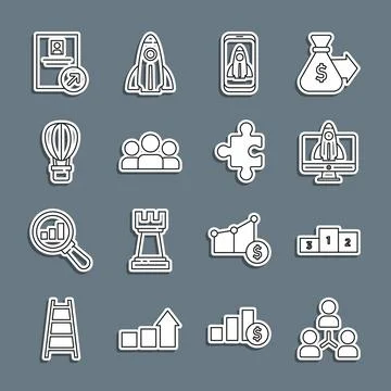 Set line Project team base, Business podium, Startup project concept, Users.. Stock Illustration