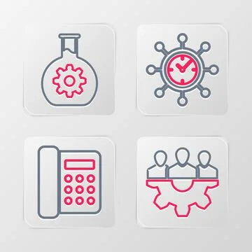 Set line Project team base, Telephone, Clock and gear and Bioengineering ic.. Stock Illustration