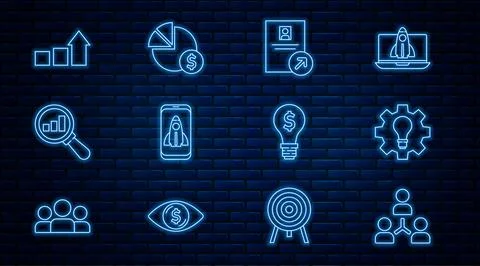 Set line Project team base, Light bulb and gear, Job promotion, Startup pro.. Stock Illustration
