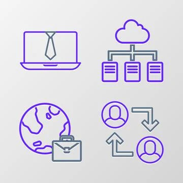 Set line Project team base, Online working,  and Video chat conference icon.. Stock Illustration