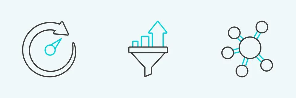Set line Project team base, Digital speed meter and Sales funnel with chart.. Stock Illustration