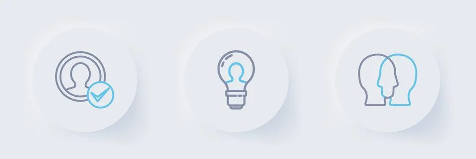 Set line Project team base, Head with lamp bulb and Create account screen i.. Stock Illustration