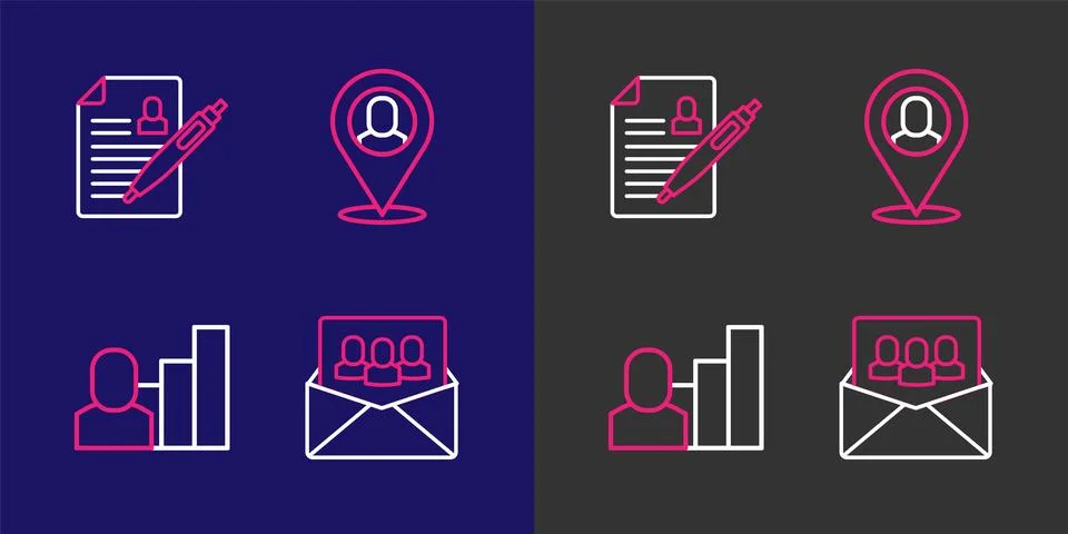 Set line Project team base, Productive human, Worker location and Resume ic.. Stock Illustration