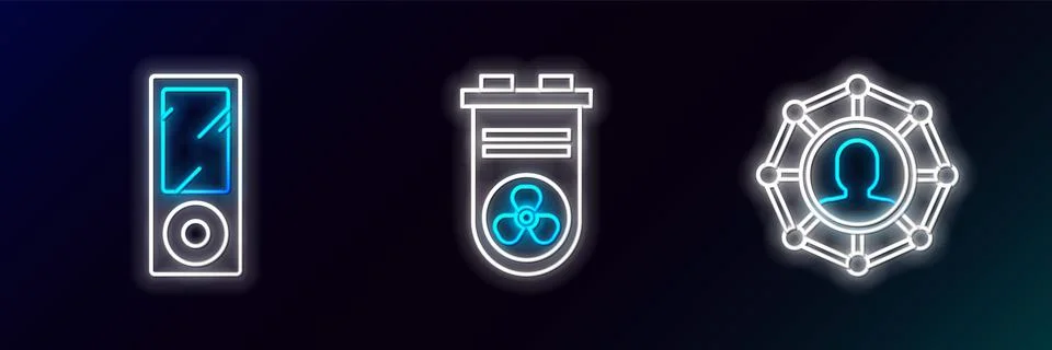 Set line Project team base, Music player and Video graphic card icon. Glowi.. Stock Illustration