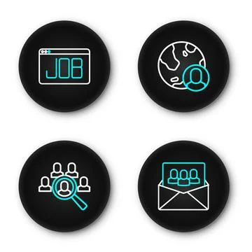 Set line Project team base, Magnifying glass for search job, Globe and peop.. Stock Illustration