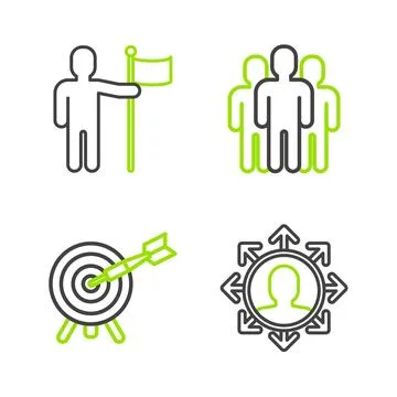 Set line Project team base, Target with arrow, Users group and Man holding .. Stock Illustration