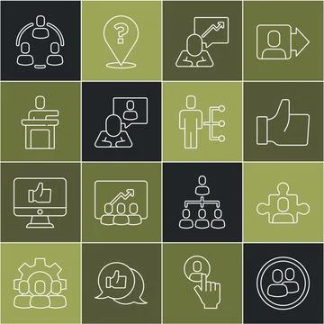 Set line Project team base, Hand like, Team leader, Head hunting, Speaker, .. Stock Illustration