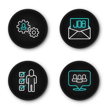 Set line Project team base, Resume, Search job and Human with gear icon. Vect Stock Illustration
