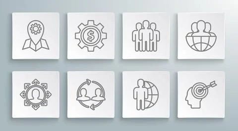 Set line Project team base, Gear with dollar symbol, Human resources, Globe.. Stock Illustration