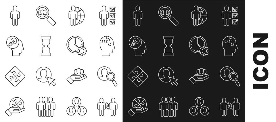 Set line Project team base, Human head puzzles strategy, Globe and, Old hou.. Stock Illustration