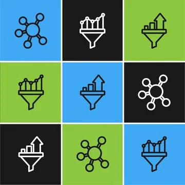 Set line Project team base, Sales funnel with chart and  icon. Vector Illustrazione stock