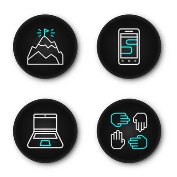 Set line Project team base, Laptop, Chat messages on phone and Mountains wi.. Stock Illustration