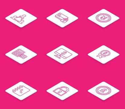 Set line Project team base, Credit card with lock, Coin money Yen symbol, C.. Illustrazione stock