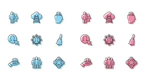 Set line Project team base, Users group, Human with gear inside, Ringing be.. Stock Illustration
