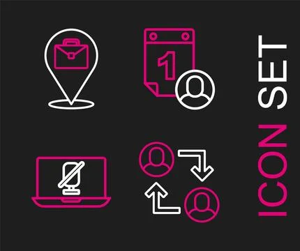 Set line Project team base, Mute microphone on laptop, Time management and .. Stock Illustration