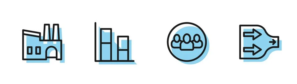 Set line Project team base, Factory, Graph, chart, diagram and Arrow icon. .. Stock Illustration
