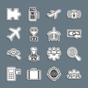 Set line Project team base, Magnifying glass and dollar, Cash back, Plane, .. Stock Illustration
