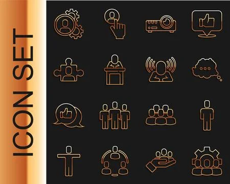Set line Project team base, Head hunting, Speech bubble chat, Media project.. Stock Illustration