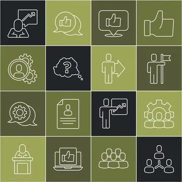 Set line Project team base, Team leader, Hand like, Question mark, Head hun.. Stock Illustration