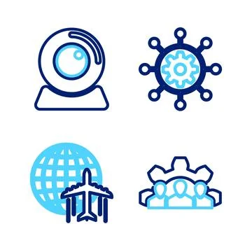 Set line Project team base, Globe with flying plane, management and Web cam.. Stockillustratie