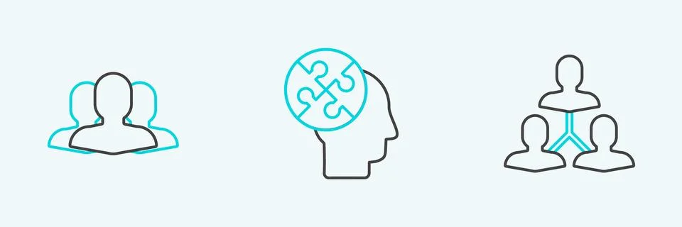 Set line Project team base, Users group and Human head puzzles strategy ico.. Stock Illustration