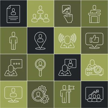 Set line Project team base, Media projector, Hand like, Team leader, Worker.. Stock Illustration