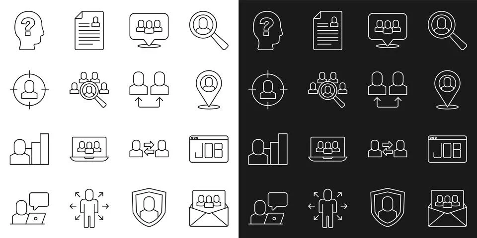 Set line Project team base, Search job, Worker location, Magnifying glass f.. Stock Illustration