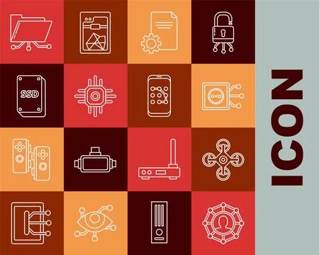 Set line Project team base, Drone, Remote control, File document, Processor.. Stock Illustration