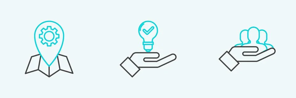 Set line Project team base, Location job and Light bulb in hand icon. Vector Stockillustratie