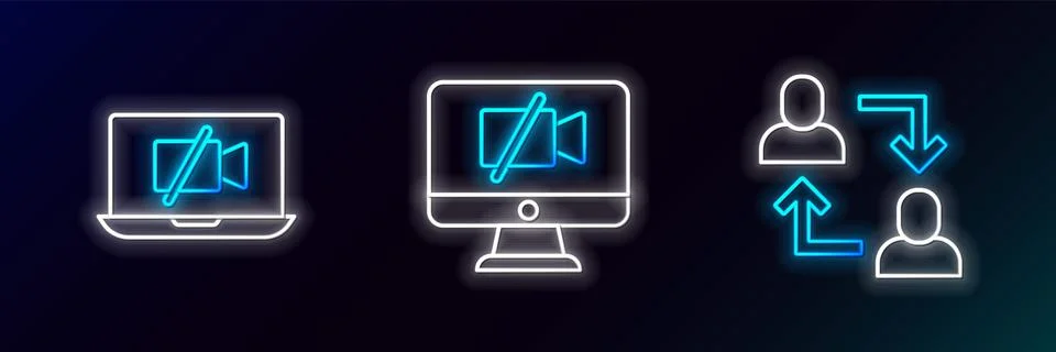 Set line Project team base, Video camera Off on laptop and computer icon. G.. Stock Illustration