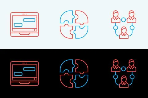 Set line Project team base, Chat messages on laptop and Piece of puzzle ico.. Stockillustratie