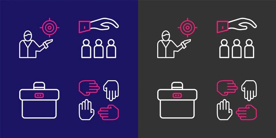 Set line Project team base, Briefcase, Boss with employee and Marketing tar.. Stockillustratie