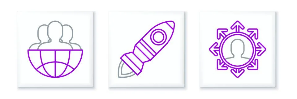 Set line Project team base, Globe and people and Rocket ship with fire icon.. Stockillustratie