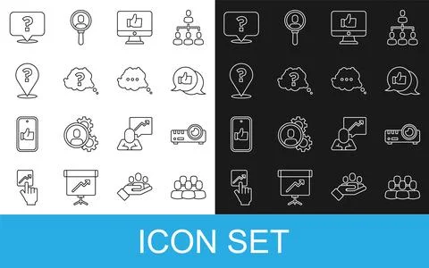 Set line Project team base, Media projector, Hand like, Question mark,  and.. Stock Illustration